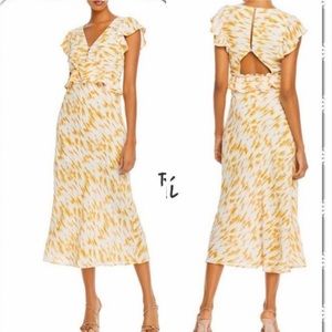 New Rahi Flutter Sleeve Button Up Keyhole Back Flounce Ruffle Midi Sheath Dress